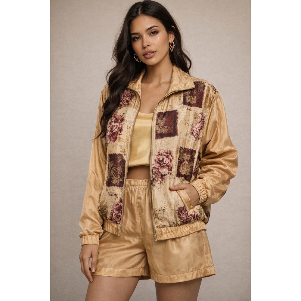 Vintage Silk Bomber Jacket Shorts Set Floral Baroque Gold Y2K M